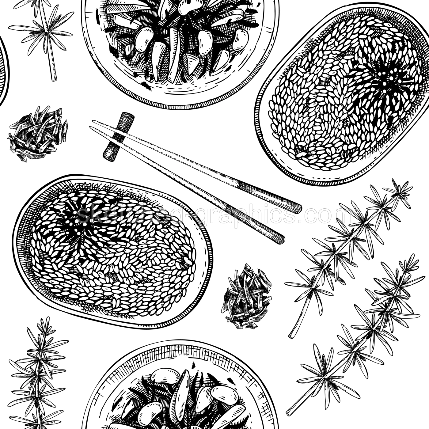Hand-drawn hijiki seamless pattern. Healthy food ingredients background. Sea vegetable drawings. Edible seaweed vector illustration. Asian cuisine dishes menu design.  Illustration